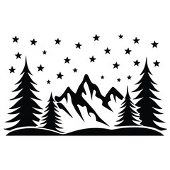 A Starry Night Landscape with Mountains and Pine Trees in Silhouette