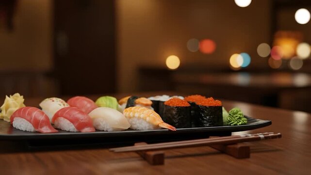 Sushi plate displayed in restaurant setting; diners visible in blurred background