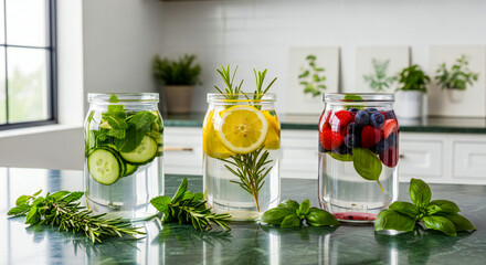 Obraz premium Eco-Friendly Infused Water Flatlay with Marble Background