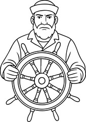 Ship Captain Line Art – Black and White Illustration of Bearded Sailor Holding Helm for Nautical, Leadership, and Storytelling Themes