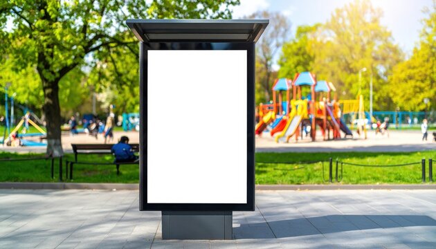 Blank Vertical Billboard Mockup in a Sunlit Park with a Colorful Playground.
