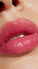 Close-up of glossy pink lips with smooth skin and subtle natural makeup details