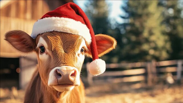 Happy Christmas with a Santa hat wearing brown cow, festive pet in barn setting. Holiday spirit on furry farm friend.