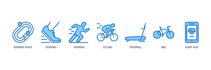 Fototapeta premium Endurance Sports Outline Blue Icons Web Banner – running track, running, running, cycling, treadmill, bike, heart rate