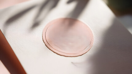 Minimalist Wedding invitation announcement. Close up of a circular water ring on light leather surface in soft sunlight