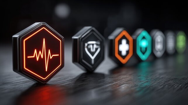 Illuminated hexagonal icons on dark surface - Powered by Adobe