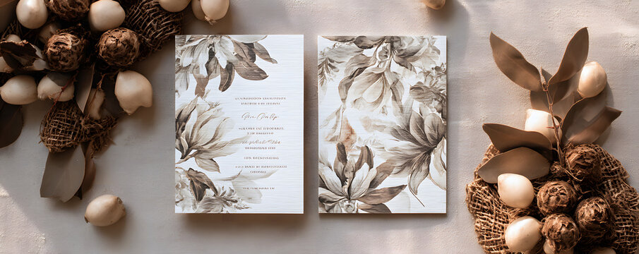 Minimalist Wedding invitation announcement. Botanical wedding stationery flat lay with rustic acorns and leaves on textured surface