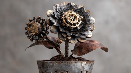 Ornate metal flowers in pot