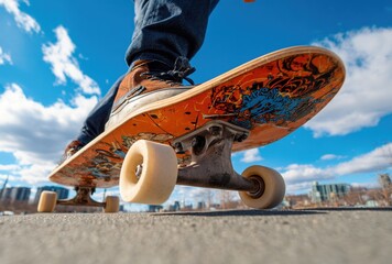 Close-up of a person riding a longboard skateboard on a sunny day outdoors