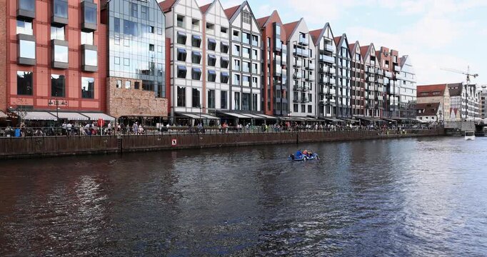Gdansk Poland old town river tourism buildings 4K. Baltic coast northern Poland. World War II started here German invasion. Economic international port. Historical buildings, tourist attractions.