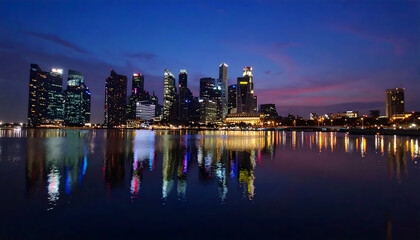 Obraz premium Stunning City Skyline Reflecting in Calm Water at Dusk with Colorful Lights Illuminating Tall Buildings