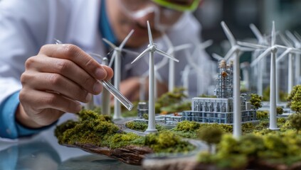 Close-up of a person tending to a miniature wind turbine farm with lush greenery