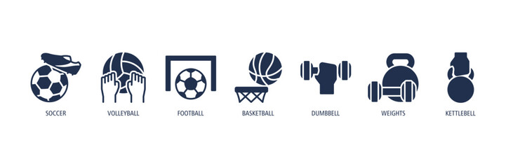 Team Sports Action Glyph Icons Web Banner – soccer, volleyball, football, basketball, dumbbell, weights, kettlebell