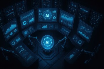 Futuristic AI Monitoring and Control Room with Advanced Data Visualization Technology