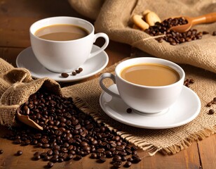 cup of coffee with beans on the table