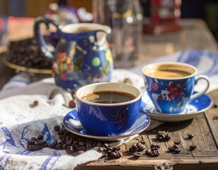 cup of coffee with beans on the table