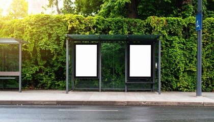 City Bus Stop Mockup Framed by Lush Greenery and Golden Sunlight.