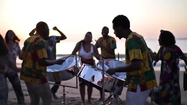 Vibrant Caribbean steel drum band in colorful traditional attire performs an energetic concert on a sandy beach at sunset, celebrating culture, music, and joyful community spirit