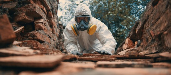 Close-up of a person wearing protective gear exploring a narrow tree trunk cavity outdoors