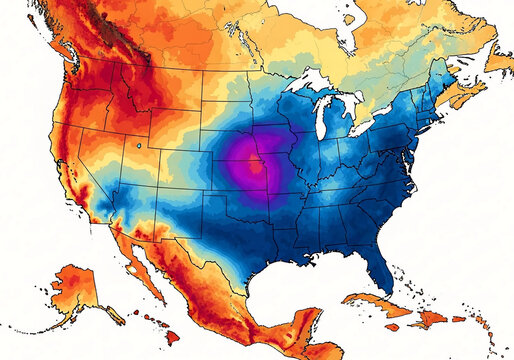 Scientific meteorological map displaying a severe polar air outbreak and extreme temperature variations across North America. - Powered by Adobe