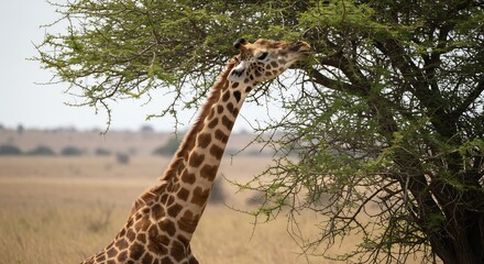Giraffe gracefully reaches high gently eating acacia leaves under soft sunlight. AI Generated