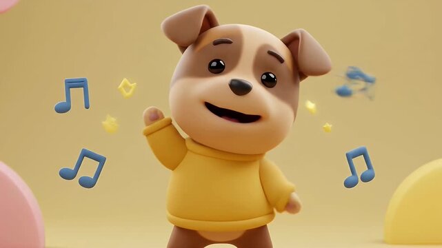 Happy 3D Cartoon Puppy Dog Dancing with Musical Notes.