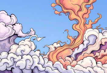 Fototapeta premium Whimsical hand-drawn vector art of swirling clouds, smoke, and wind; perfect for comic book backgrounds, art, motion