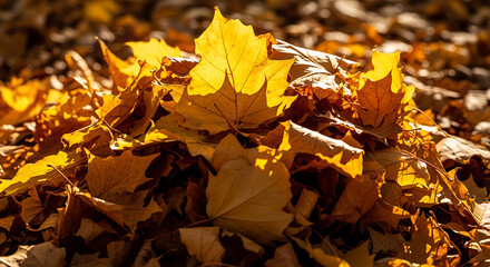 Fallen Maple Leaves Pile Illuminated by Sunlight in Autumn