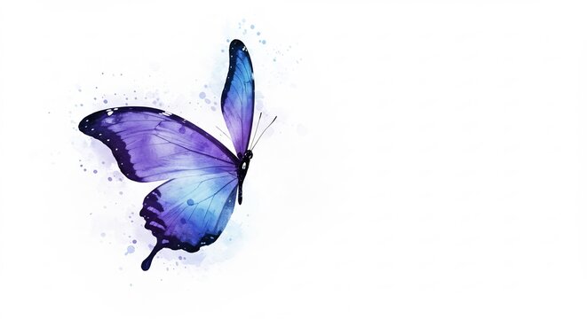 Elegant purple butterfly gently floats on white background soft light. AI Generated
