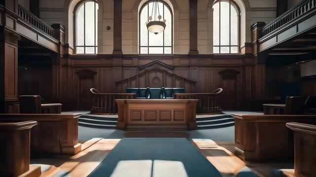 A grand woodpaneled courtroom with tiered seating and a central judicial bench