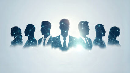 Silhouette of business team standing together with glowing light effect, symbolizing corporate leadership, teamwork unity, professional success, management strategy and strong company vision 