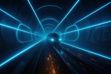 Futuristic high speed train hurtling through a neon lit tunnel at great speed
