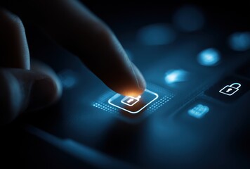 Close-up of a person's finger pressing a glowing button on a digital touchscreen device