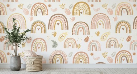Pastel rainbows playfully adorn this charming nursery wallpaper design. AI Generated