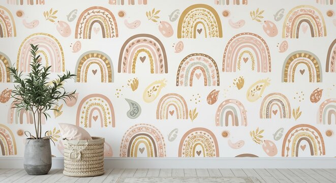 Fototapeta Pastel rainbows playfully adorn this charming nursery wallpaper design. AI Generated