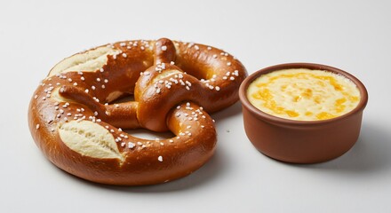 Golden brown pretzel paired with creamy cheese dip softly lit. AI Generated