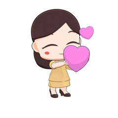Adorable 3D chibi girl cartoon character hugging pink heart, kawaii mascot illustration, perfect for emoji, love stickers, comics, and digital creative design.
