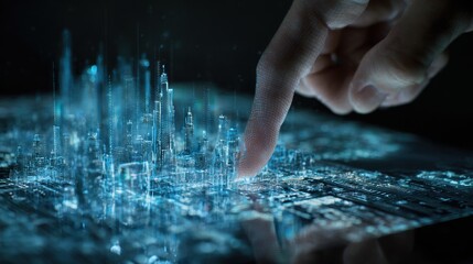 Close-up of a person's finger touching a digital water ripple effect on a futuristic touchscreen interface