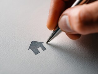 Close-up of a person's hand drawing a house icon with a pen on paper