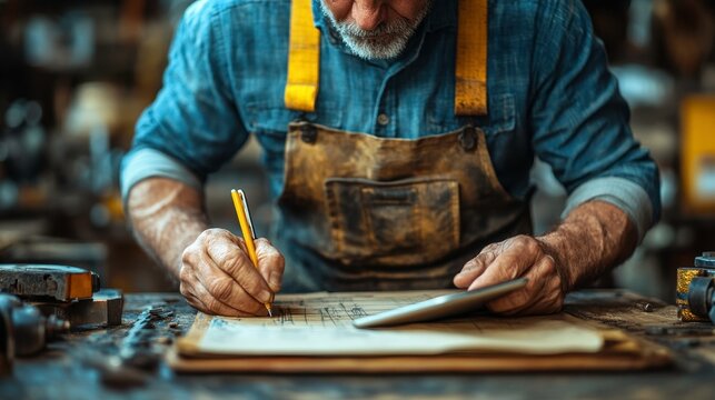 Skilled Craftsman Drawing Plans in Workshop with Tools Nearby