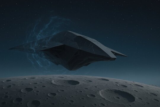 Futuristic spacecraft hovers over the cratered surface of a distant moonscape under a starry sky