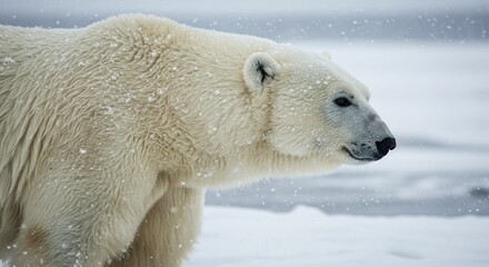 Majestic polar bear calmly wanders snowy arctic landscape under soft winter light. AI Generated