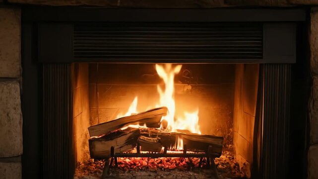 A roaring fire burns in a stone fireplace with logs on a grate