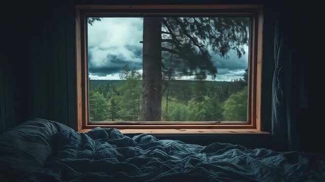 A rumpled bed before a window framing a dense moody forest under a stormy sky