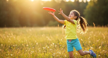 Happy girl joyfully catches flying disc in sunny field. AI Generated
