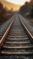 Fototapeta premium A railway track stretches into a golden sunset