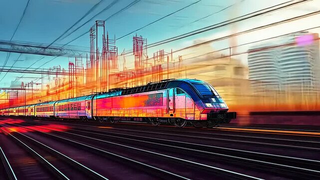 Vibrant train speeding through a futuristic cityscape with glowing skyscrapers and dynamic motion