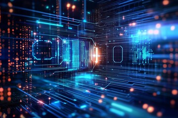 Abstract digital circuit, glowing lines & data