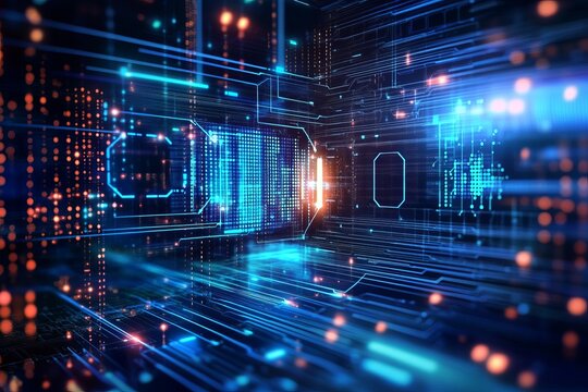 Abstract digital circuit, glowing lines & data
