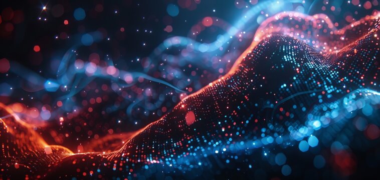 Abstract digital landscape of swirling red and blue particles